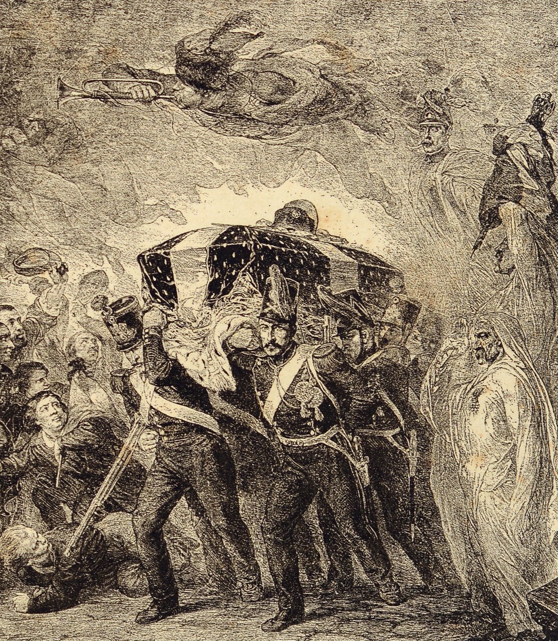 Alegoria zwrotu prochów cesarza francuskiego Napoleona Bonaparte w 1840 r. XIX w. (ryc. z książki „Barwy, obyczaje, zwyczaje, kostiumy, wynalazki autorstwa French School