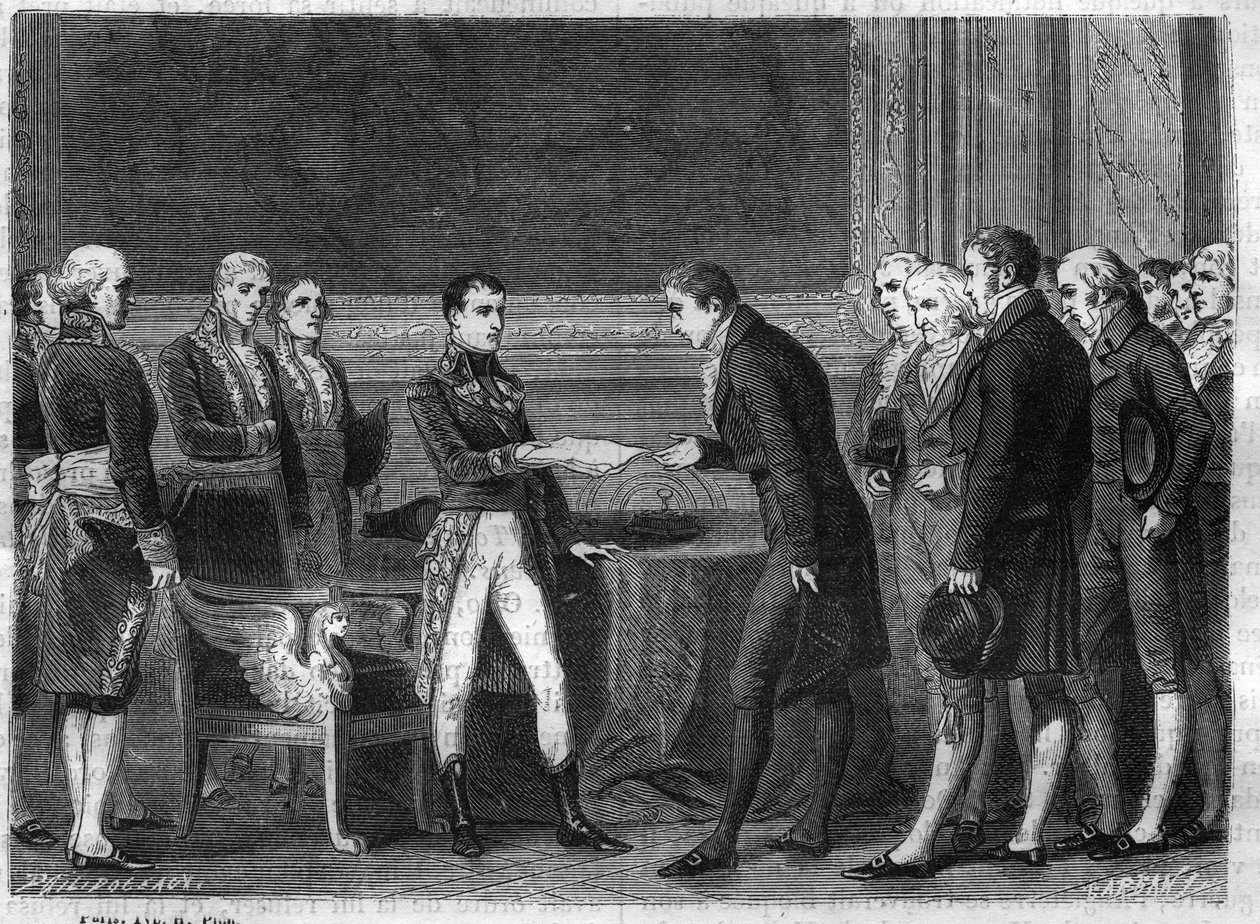 Przydzielenie pierwszego konsula Bonaparte szwajcarskim deputowanym Republiki Helweckiej poprzez nadanie im aktu mediacji w listopadzie 1802 r. - Grawer z „Histoire du Consulate et de l