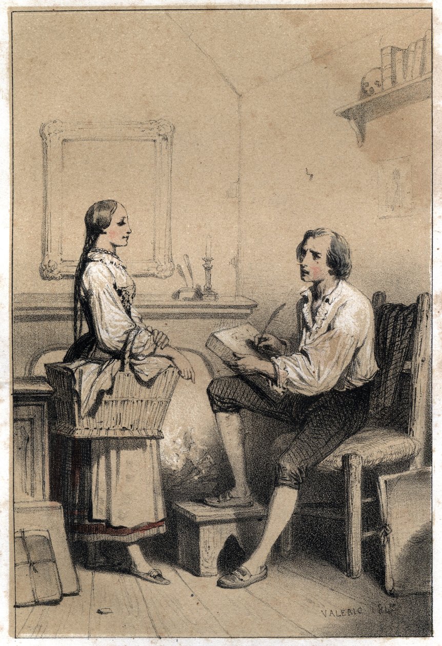 Alois Senefelder (albo Aloysius lub Aloys) lub Johann Nepomuk Franz Aloys (1771-1834), czeski poeta i rytownik, pozostaje bez kartki w chwili gniewu i rozpaczy, które doprowadziły go do rzucenia wszystkiego w płomienie, pisał uwaga o praniu autorstwa French School