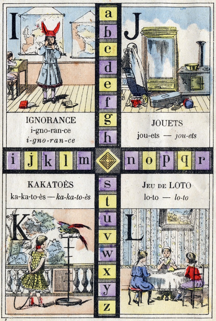 Alfabet i litera I J K i L, ignorancja, zabawki, kakato i gra w lotto. ABC małych dziewczynek. Obrazowanie epinal autorstwa French School