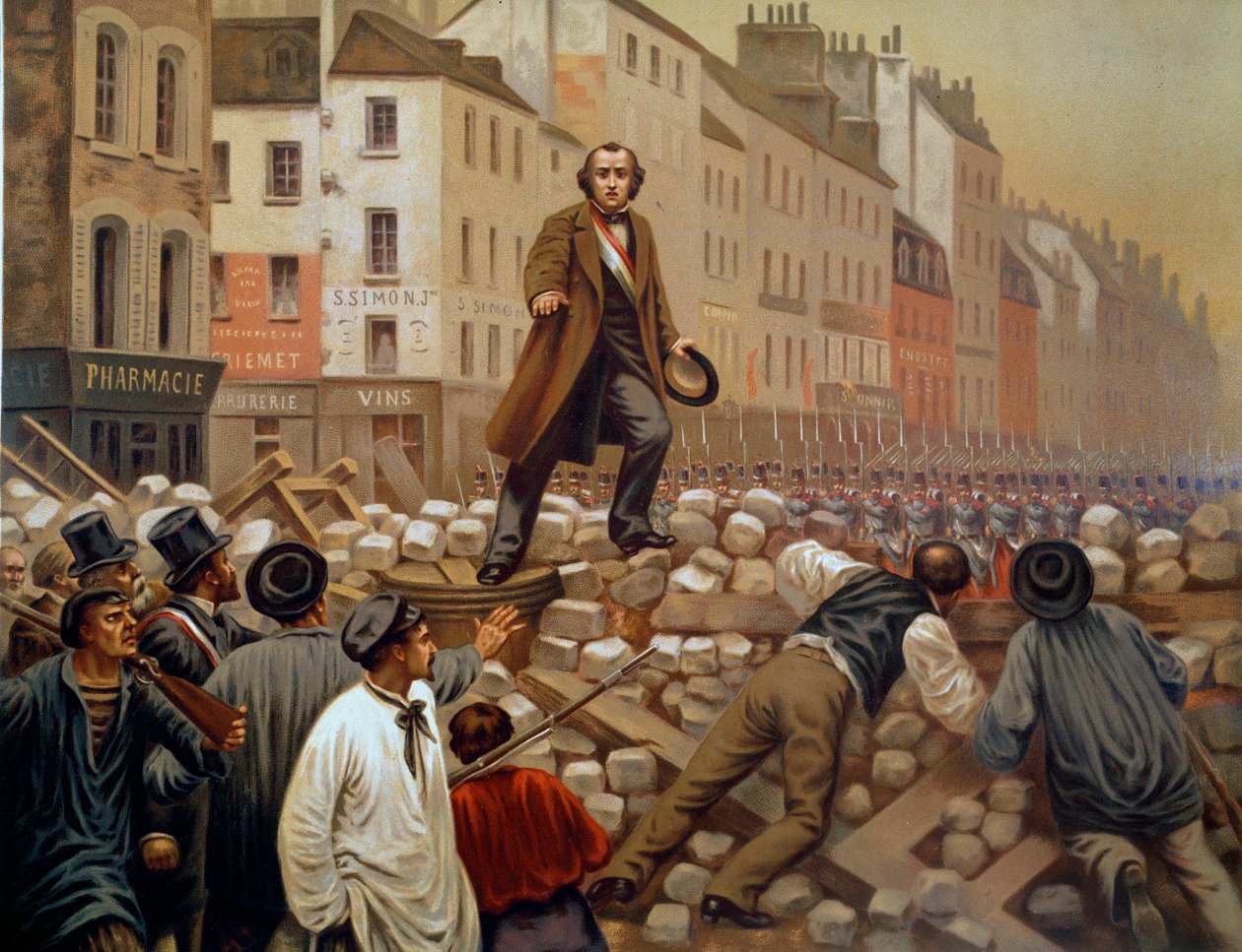 Alphonse Baudin (1811-1851) na barykadzie Faubourg Saint Antoine 3.12.1851 r. podczas zamachu stanu Ludwika Napoleona III (Ludwika-Napoleona Bonaparte) Rycina z 1851 r. autorstwa French School