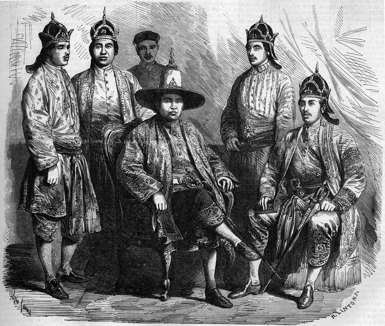 Ambasadorzy Syjamu (Tajlandia) podczas wizyty w Paryżu w 1858 r. Grawer „” Le Monde Illustré” nr 49 z 20 marca 1858 r. autorstwa French School