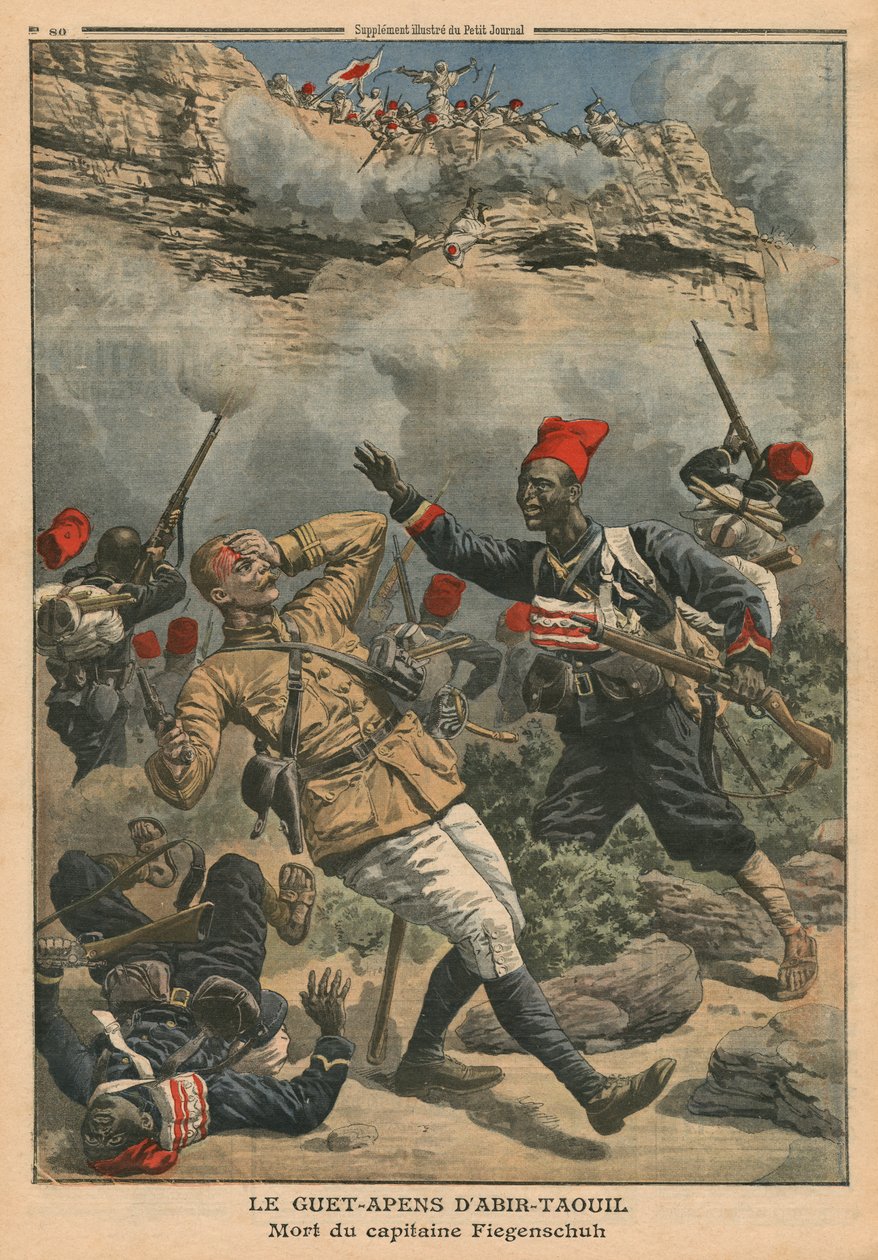 Zasadzka w Abir-Taouil, śmierć kapitana Fiegenschuha, ilustracja z „Le Petit Journal”, dodatek illustre, 6 marca 1910 autorstwa French School