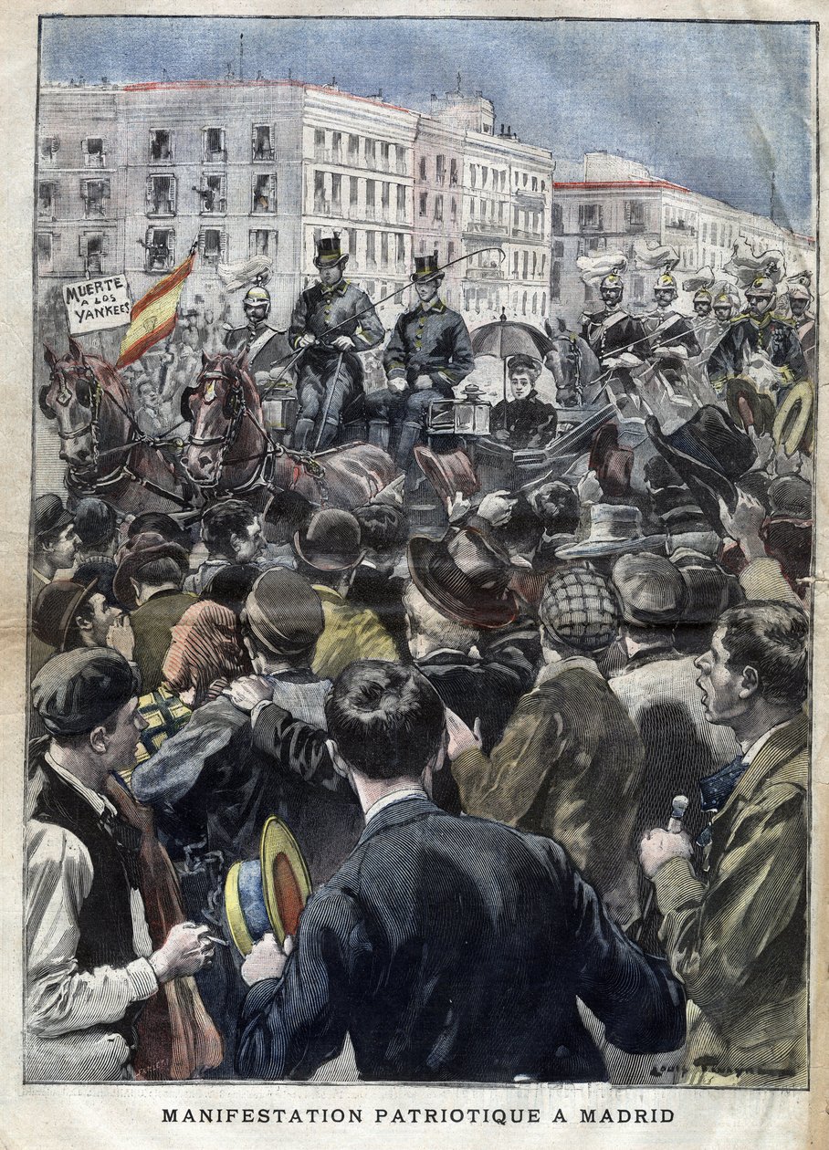 American Hispano War (lub Desastre z 1898 r.) - manifestacja patriotyczna w Madrycie w 1898 r. w obecności królowej Hiszpanii Marii Krystyny (1858-1929) - grawerowanie w „La petite Gironde” z 1898 r. autorstwa French School
