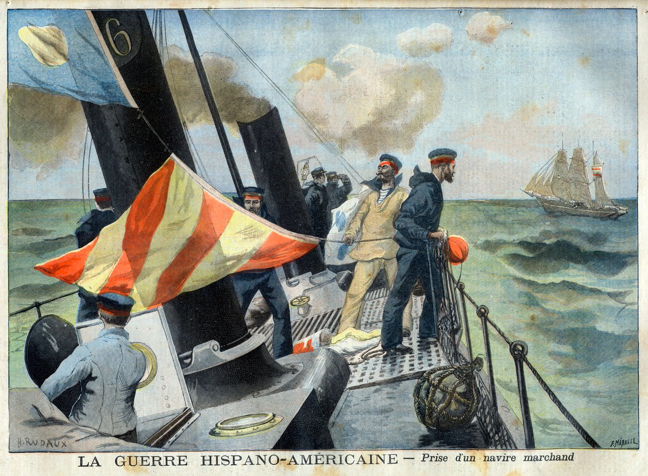 American Hispano War (lub Desastre z 98) - Wojna hiszpańsko-amerykańska: zdobycie statku handlowego. Wojna hiszpańsko-amerykańska - zabranie statku handlowego. Ilustracja do Le petit Journal autorstwa French School