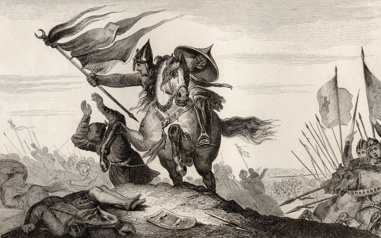 Francuski rycerz w bitwie z VIII wieku, z "Histoire de France" Colarta, opublikowanego ok. 1840 r. (rycina) autorstwa French School