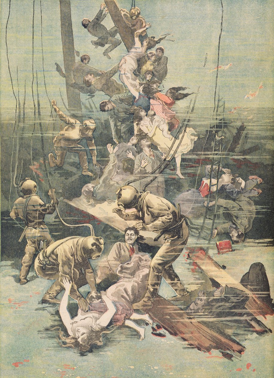 Wypadek w Santander, Nurkowie szukający ciał ofiar, ilustracja z „Le Petit Journal”, 25 listopada 1893 autorstwa French School