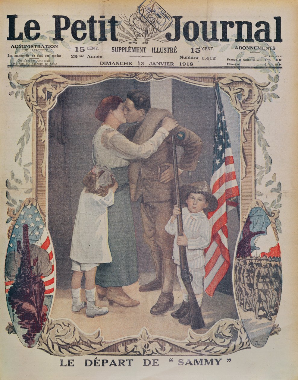 Amerykański żołnierz wyjeżdżający do Europy podczas I wojny światowej, ilustracja na okładce Le Petit Journal, 13 stycznia 1918 r. autorstwa French School