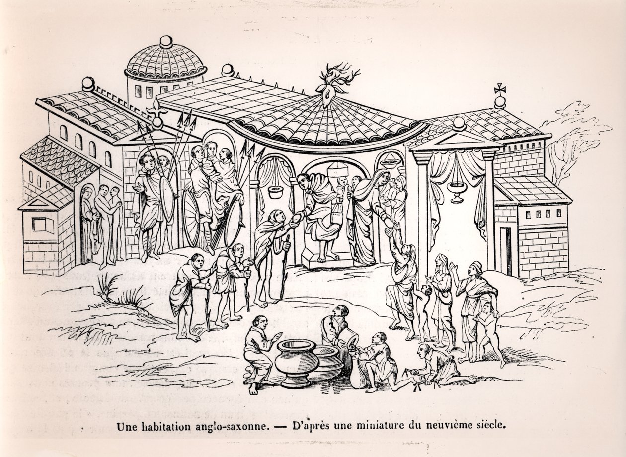 Anglosaski dom w Anglii przed przybyciem Normanów, po miniaturze z IX wieku autorstwa French School
