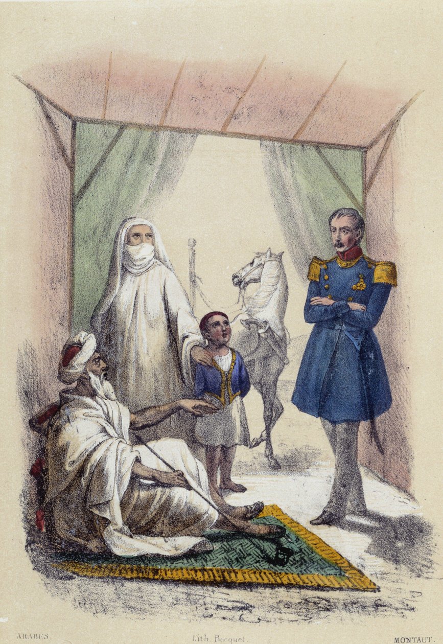 Arabska rodzina odwiedzana przez żołnierza; ilustracja dla krajów arabskich, w „Dwunastu narodach” autorstwa ME Fouinet autorstwa French School