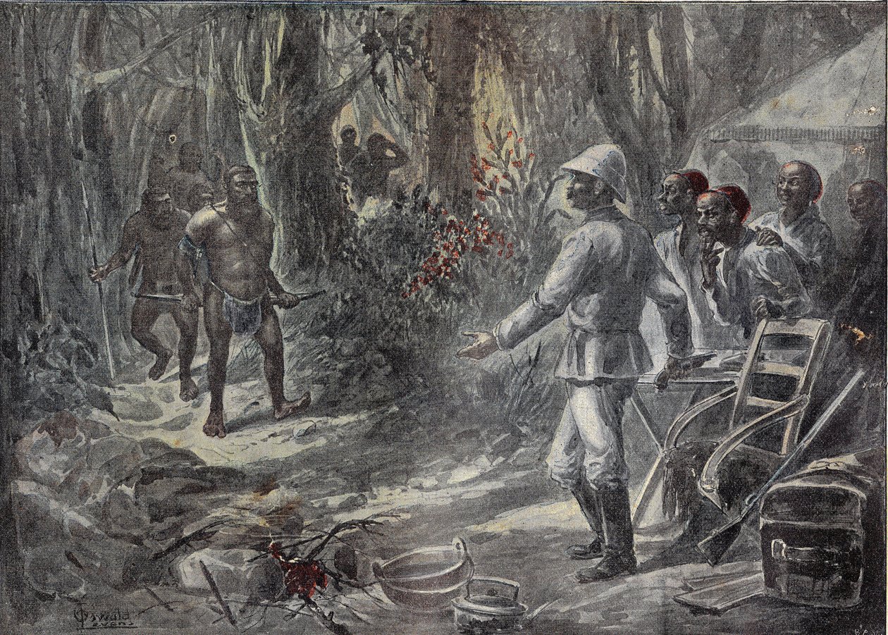 Angielski podróżnik Lloyd odkrywa Pigmejów podczas eksploracji Afryki. Grawerowanie w „Le Pelerin”” 8.04.1899. autorstwa French School