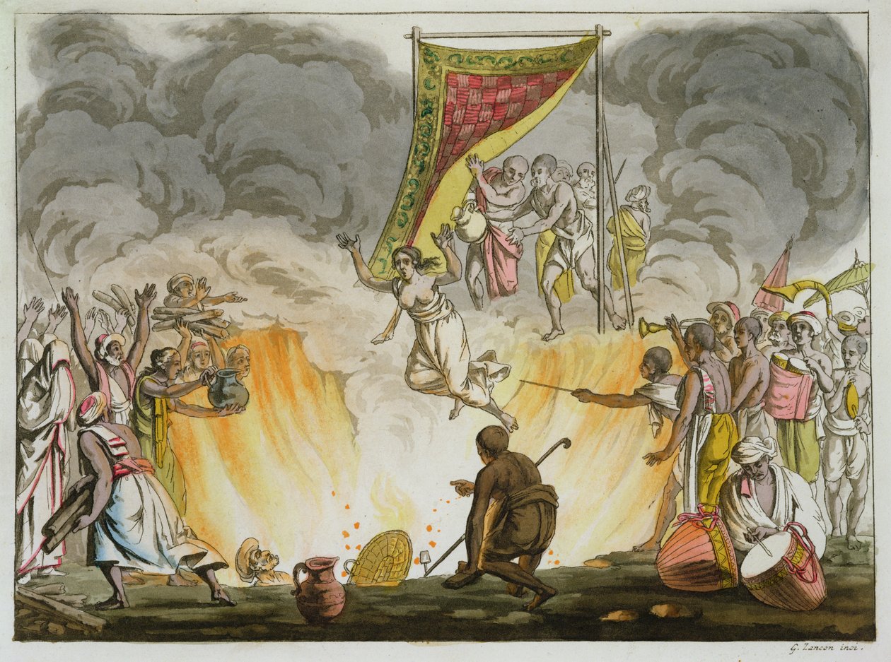 Indyjska wdowa płonie na śmierć wraz z ciałem męża, płyta 30 z Księgi o Indiach, grawerowana przez Gaetano Zancona (1771-1816) autorstwa French School