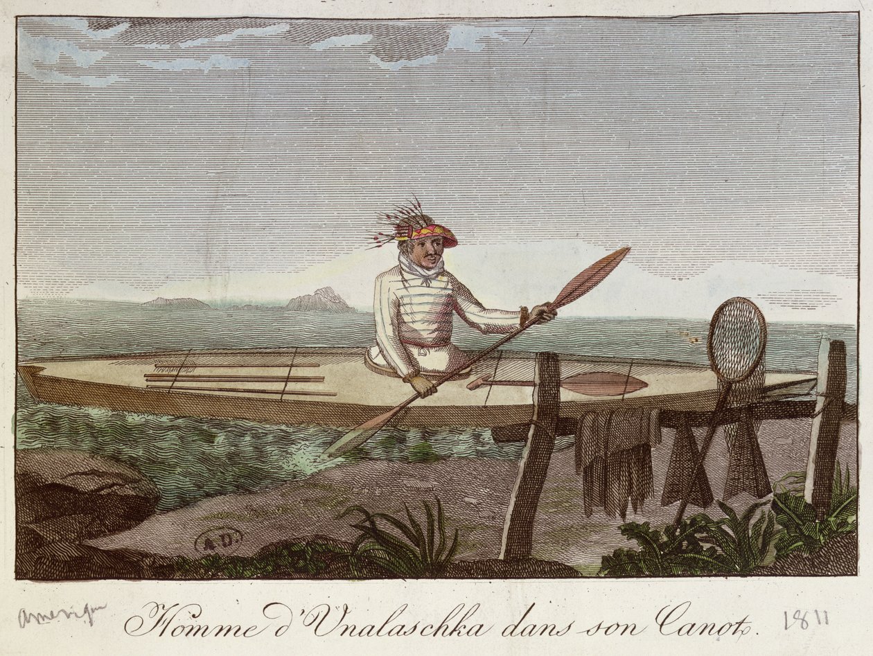 Mieszkaniec wyspy Unalaska w swoim kajaku, 1811 autorstwa French School