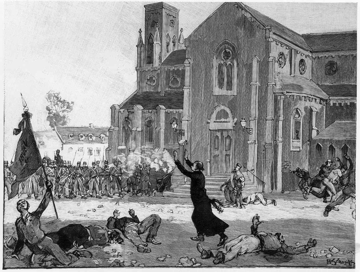 Powstanie na placu ratuszowym w Fourmies, ilustracja z Le Monde Illustre, 9 maja 1891 autorstwa French School