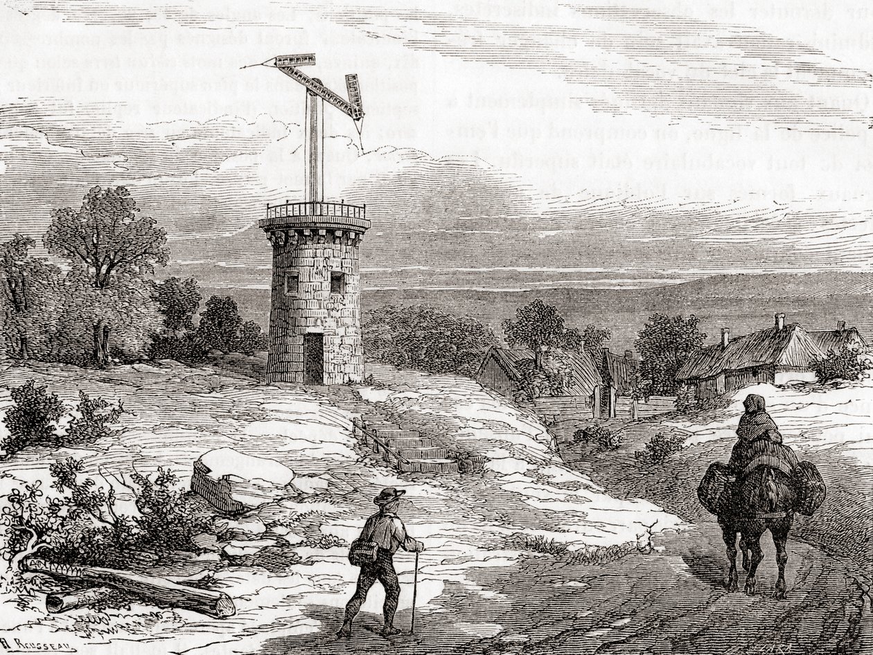 Powietrzna poczta telegraficzna w XVIII w. z Les Merveilles de la Science, wydana ok. 1870 r. (rycina) autorstwa French School