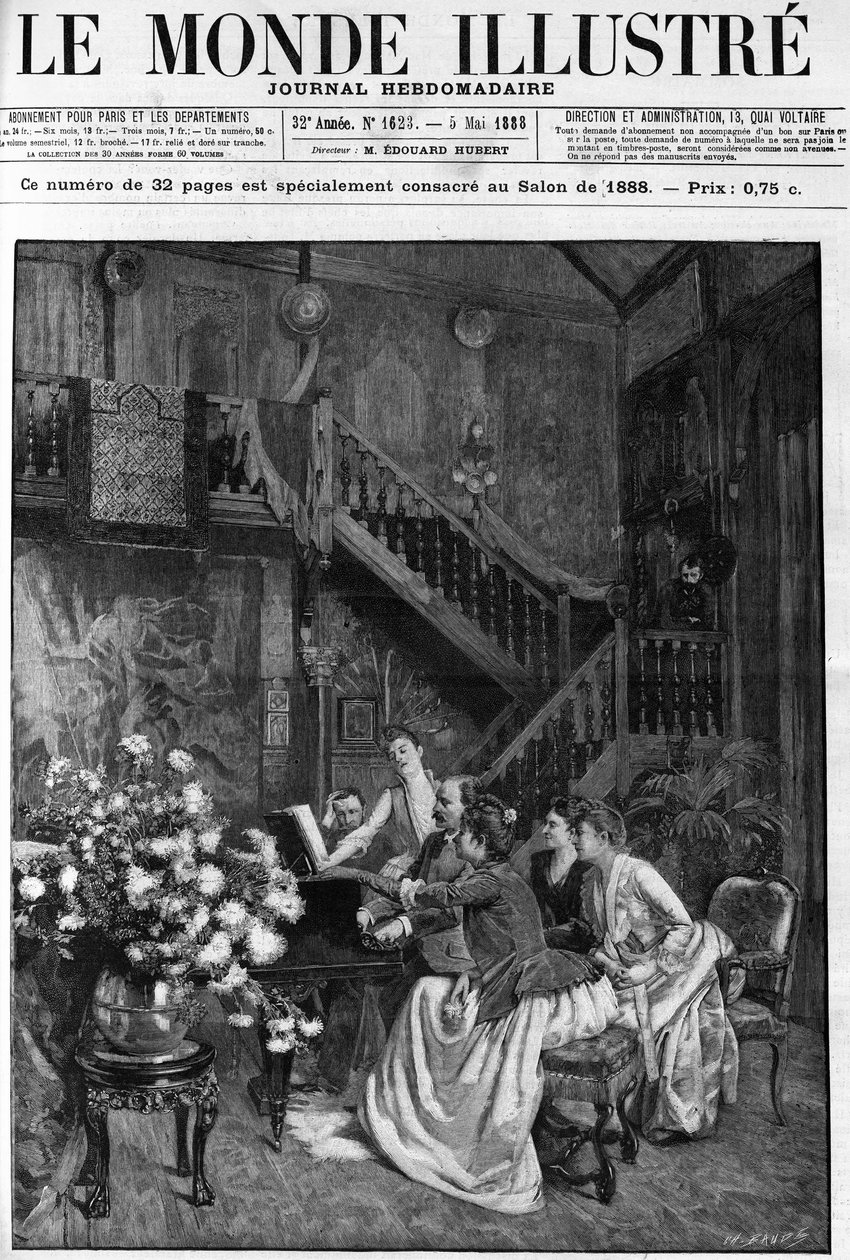 Popołudnie wokół partytury w paryskim salonie. Grawerowanie w „”The Illustrious World”” w 1888 roku. autorstwa French School
