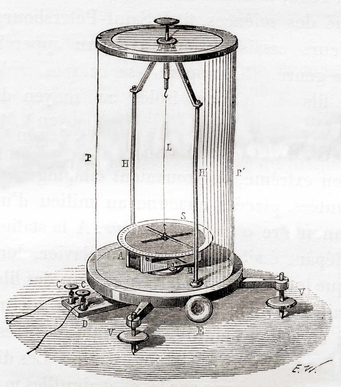 Wczesny galwanometr, rodzaj amperomierza, przyrząd pomiarowy używany do pomiaru prądu elektrycznego w obwodzie, z Les Merveilles de la Science, opublikowanego ok. 1870 r. (rycina) autorstwa French School
