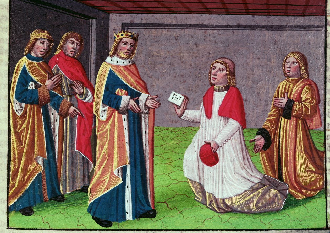 Wysłannik papieża Adriana I błagający Karola Wielkiego o obronę Rzymu przed lombardzkim królem Desiderio, miniatura z „Ogier le Danois”, wyd. A. Verard, Paryż autorstwa French School