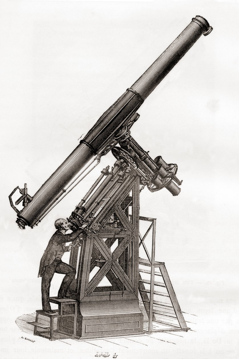 Teleskop równikowy w Obserwatorium Paryskim we Francji w XIX wieku z Les Merveilles de la Science, opublikowany ok. 1870 (rycina) autorstwa French School