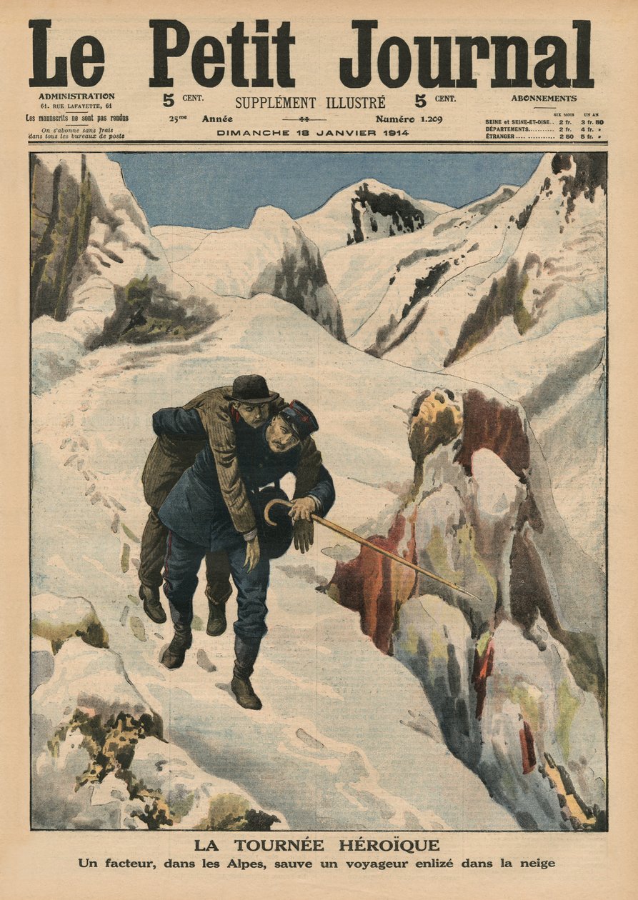 Bohaterska runda, alpejski listonosz ratujący podróżnika utkwionego w śniegu, ilustracja na okładce z „Le Petit Journal”, dodatek illustre, 18 stycznia 1914 autorstwa French School