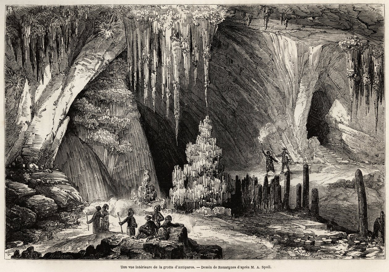 Wewnętrzny widok jaskini Antiparos, wyspa Cyklady, rysunek Emile Rouargue (około 1895-1865), ilustrujący wizytę w jaskini Antiparos, w 1859 roku, przez E.A.Spoll. Rycina w "Le tour du monde" 1861. Kolekcja Selva. autorstwa French School
