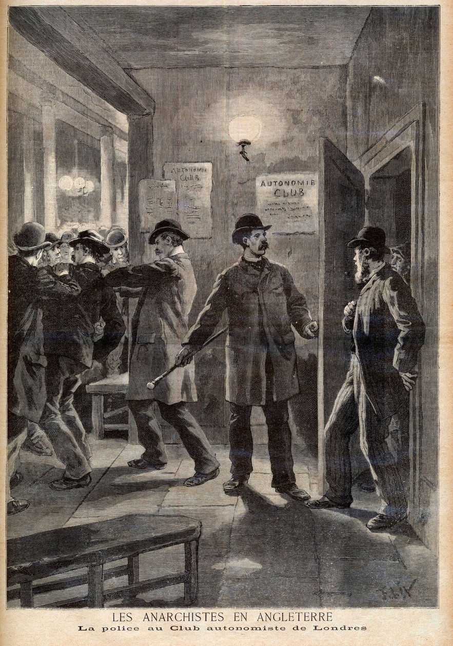 Anarchiści w Anglii. Policja przeprowadza nalot na Autonomy Club w Londynie. Anarchiści w Anglii. Policja w Londyńskim Klubie Autonomicznym. Ilustracja do Le petit Journal, 5 marca 1894 r autorstwa French School
