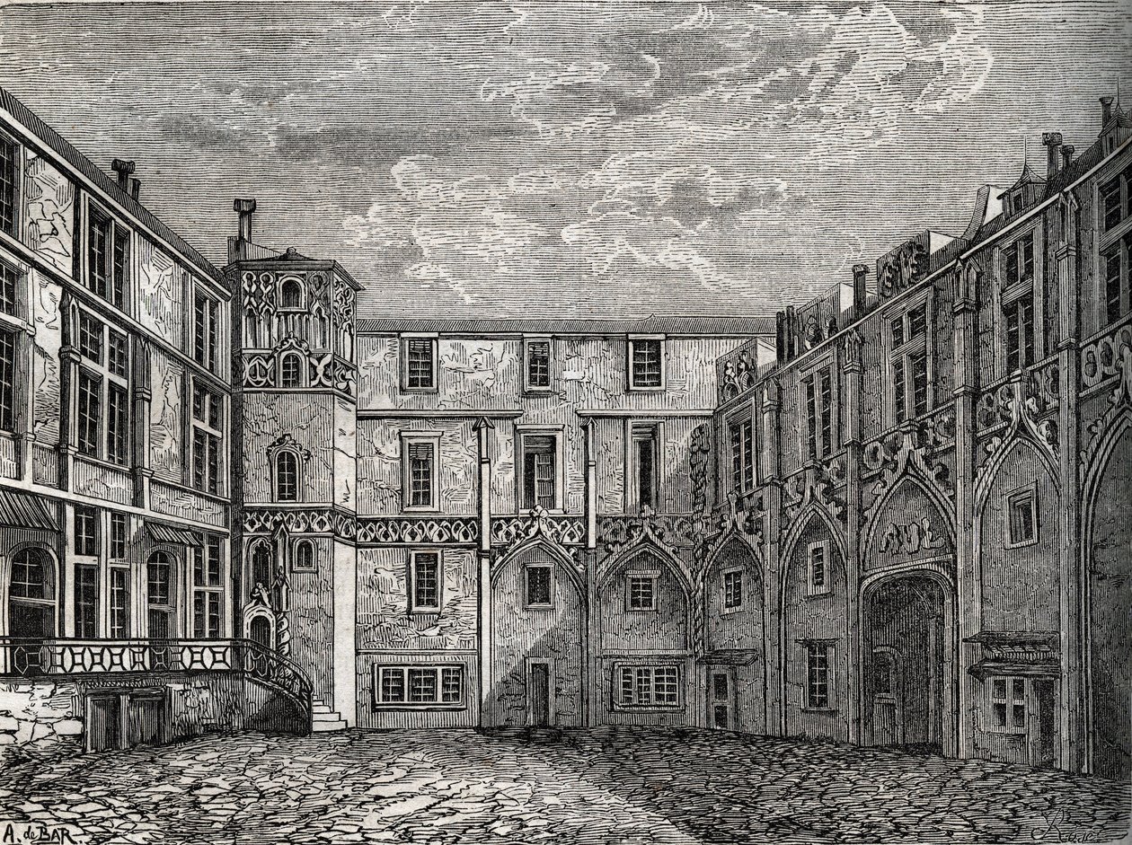 Ancien hotel de la Tromoille, rue des Bourdonnais, Paryż (1. dzielnica) Grawerowanie w „”Fizycznej, obywatelskiej i moralnej historii Paryża: od pierwszych czasów historycznych do współczesności” Jacques Antoine Dulaure autorstwa French School