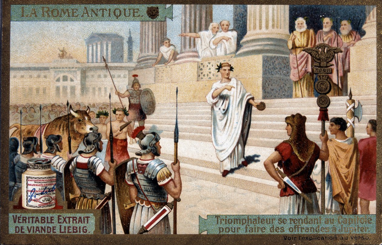 Starożytny Rzym: Triumfator Kapitolu, aby złożyć ofiary Jowiszowi - Chromolithography Liébig, v.1900 autorstwa French School
