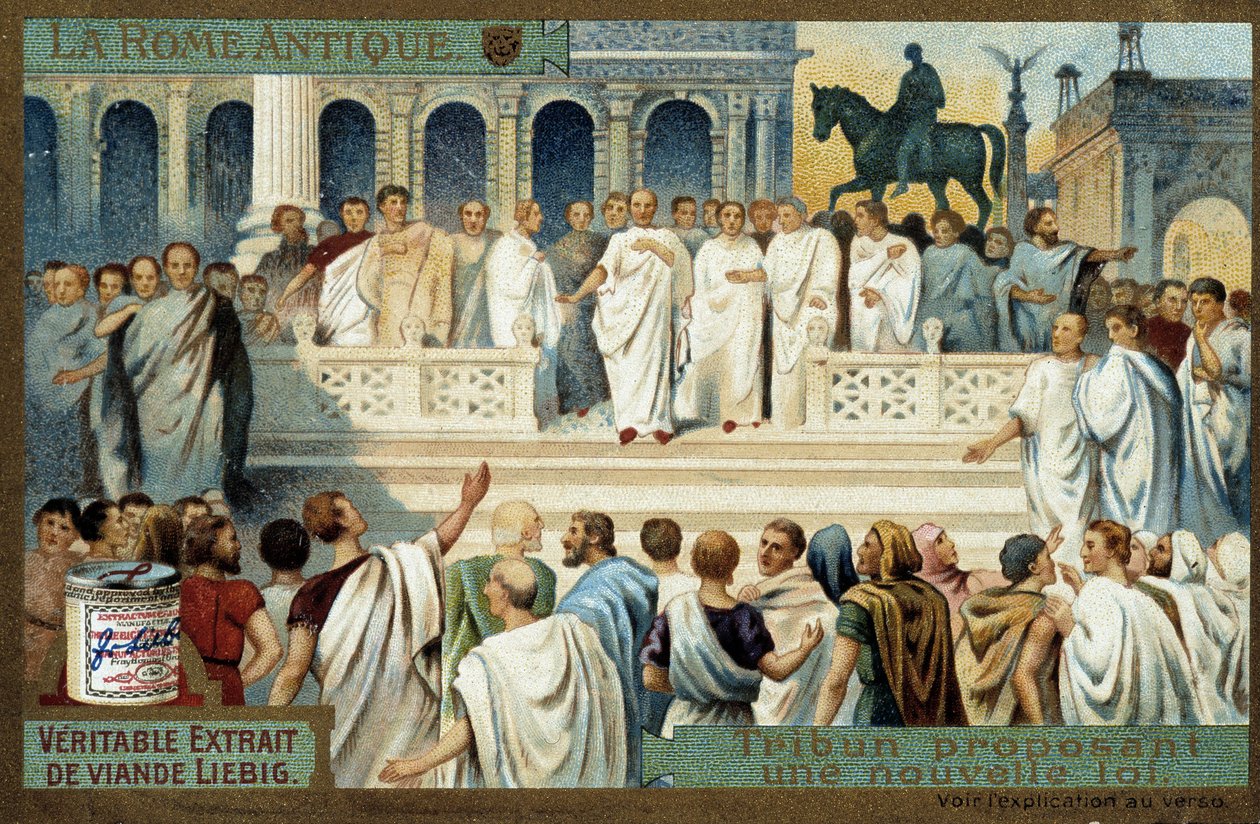 Starożytny Rzym: trybun proponujący nowe prawo - Liebig Chromolithography, v.1900 autorstwa French School