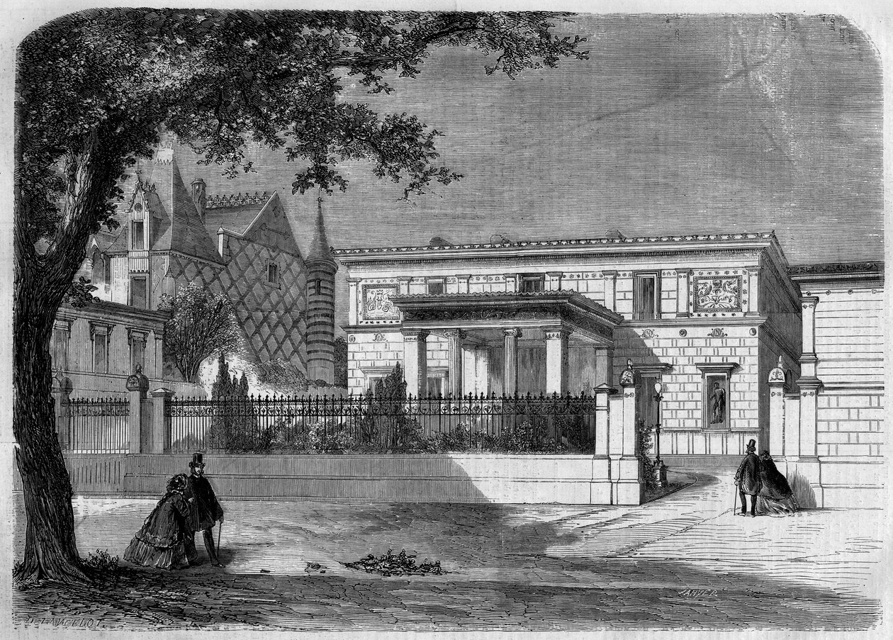 Architektura antyczna: widok na fasadę pompejańskiego domu „Księcia Napoleona” (1822-1891) wybudowanego przez architekta Alfreda Normanda. Paryż, rue Montaigne autorstwa French School
