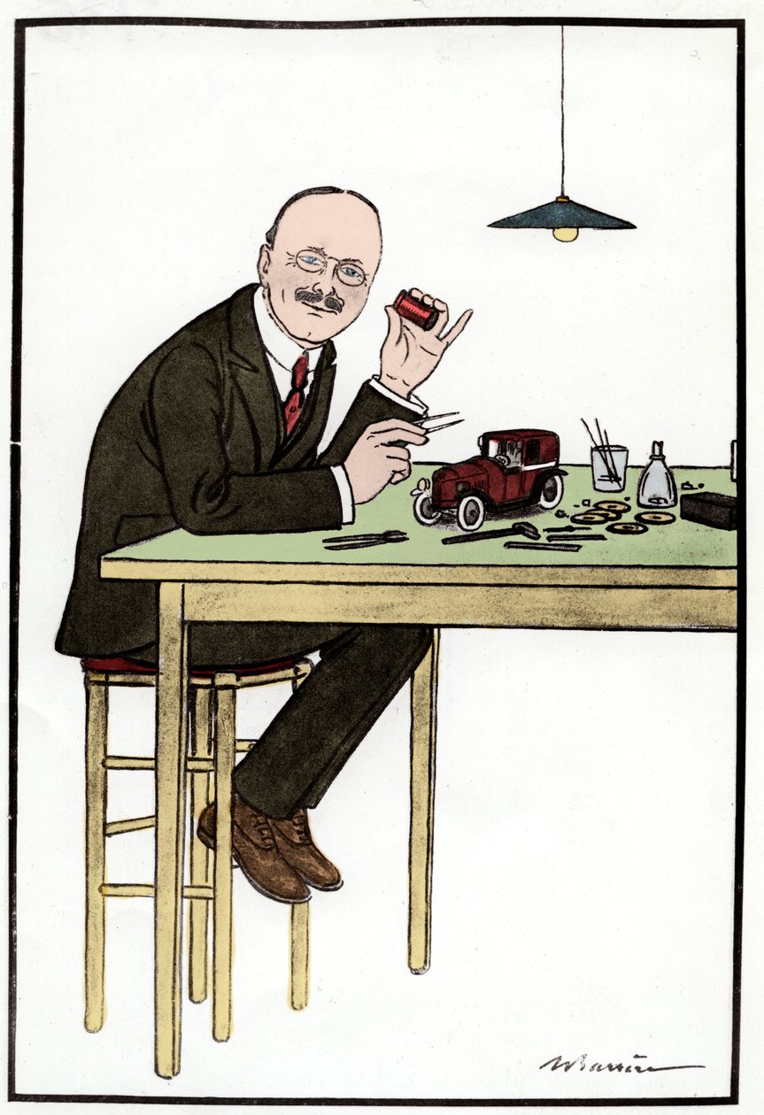 Andre Citroen (1878-1935), tworzący model samochodu; rysunek Barriere