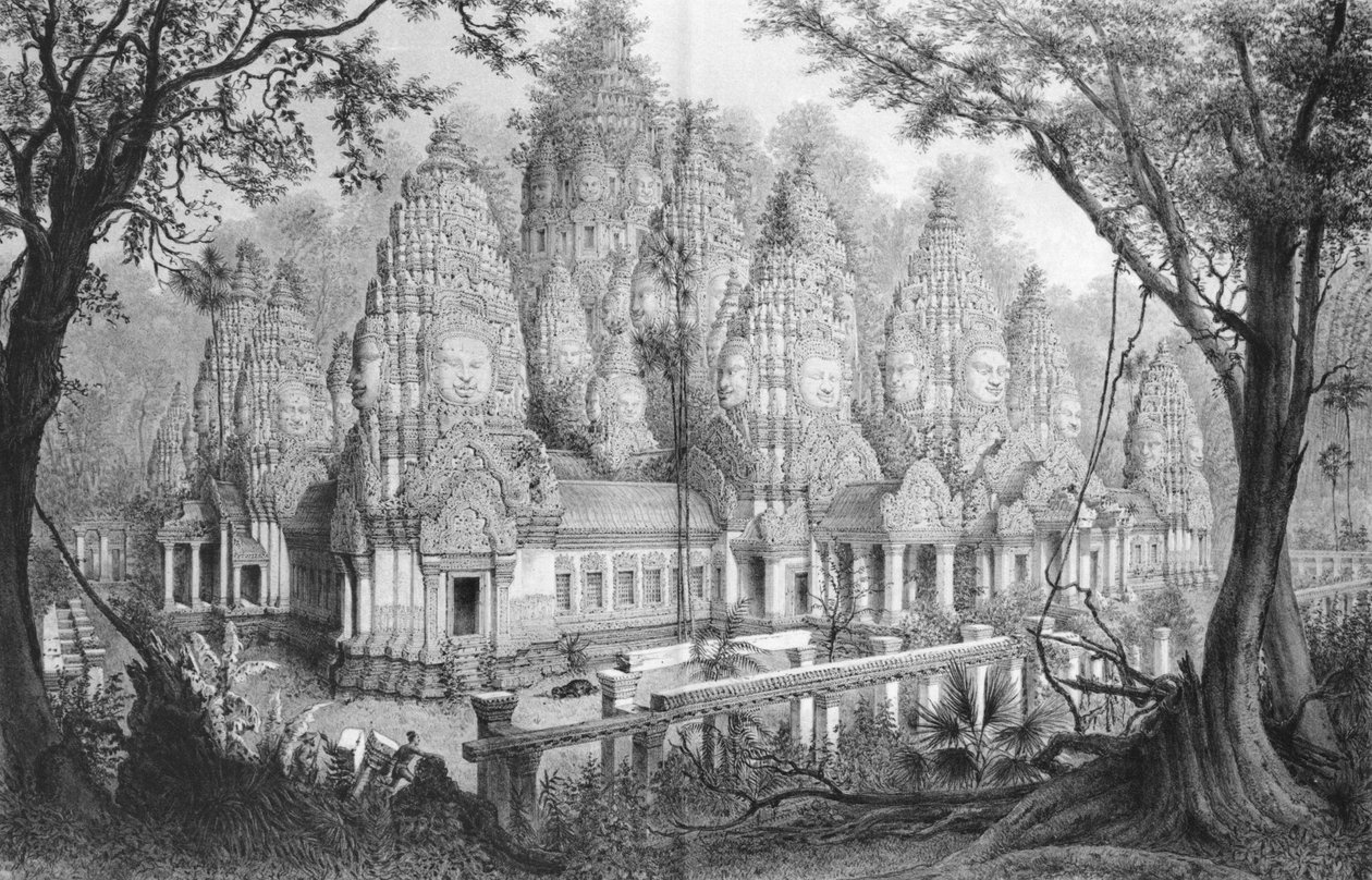 Angkor, Baion Ruins, ilustracja z Atlas du voyage d’exploration en Indochine, 1866-68 autorstwa Doudart de Lagree, opublikowana 1873, Paryż, Hachette autorstwa French School