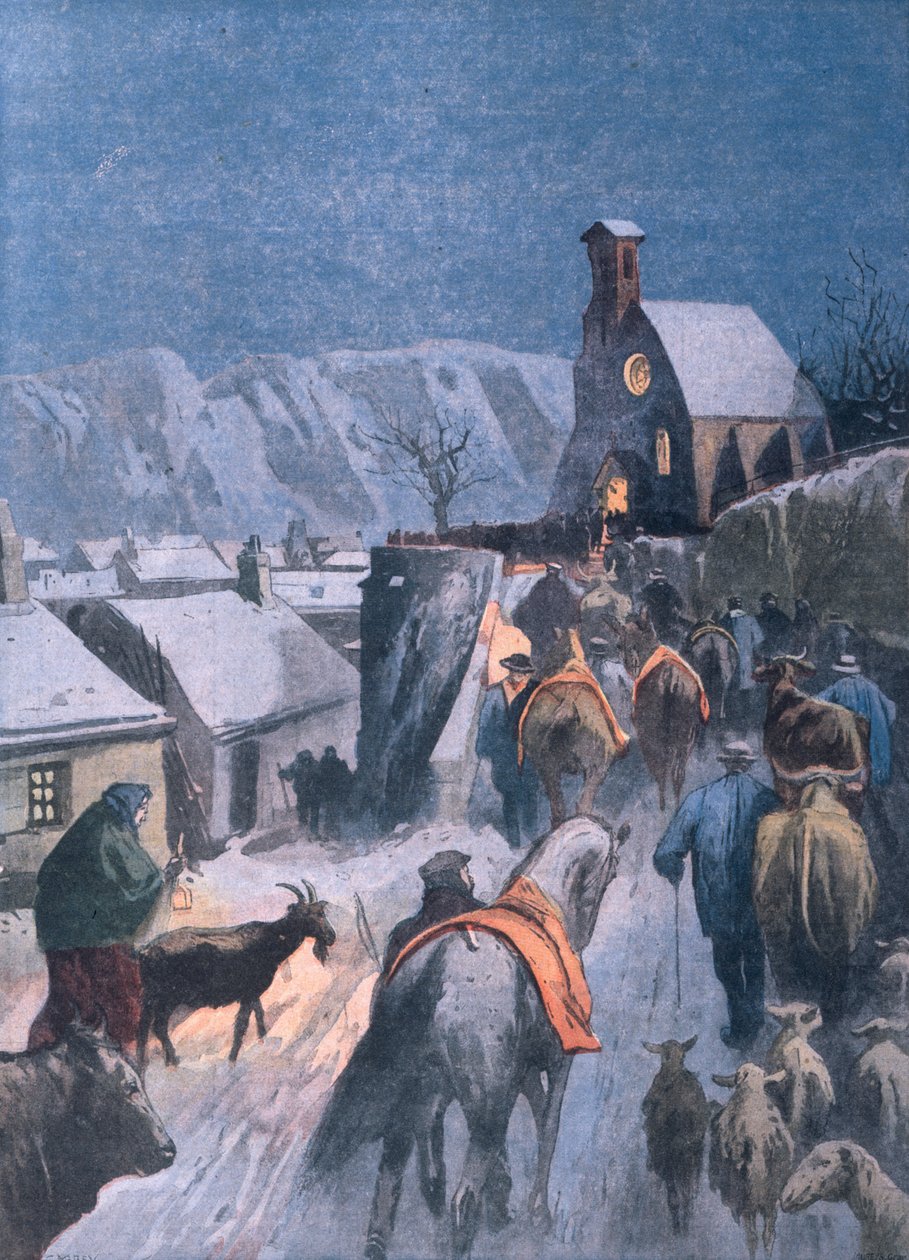 Zwierzęce Boże Narodzenie w Sewennach, ilustracja z Le Petit Parisien, 27 grudnia 1908 r. autorstwa French School
