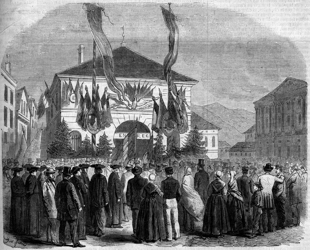Aneksja Sabaudii do Francji, Chambery, 22 kwietnia 1860: głosowanie ludności w sprawie przyłączenia Sabaudii do Francji. Grawer w „Le Monde Illustré” nr 160 z 5 maja 1860 r. autorstwa French School