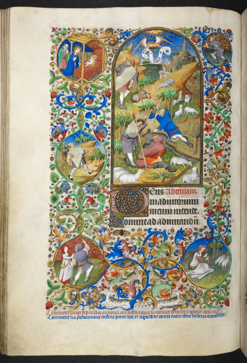 Ogłoszenie dla pasterzy, dodaj Ms 18850 f.70v Księga godzin (The Bedford Hours) ok. 1410-30 (atrament, kolor i złoto na welinie) autorstwa French School