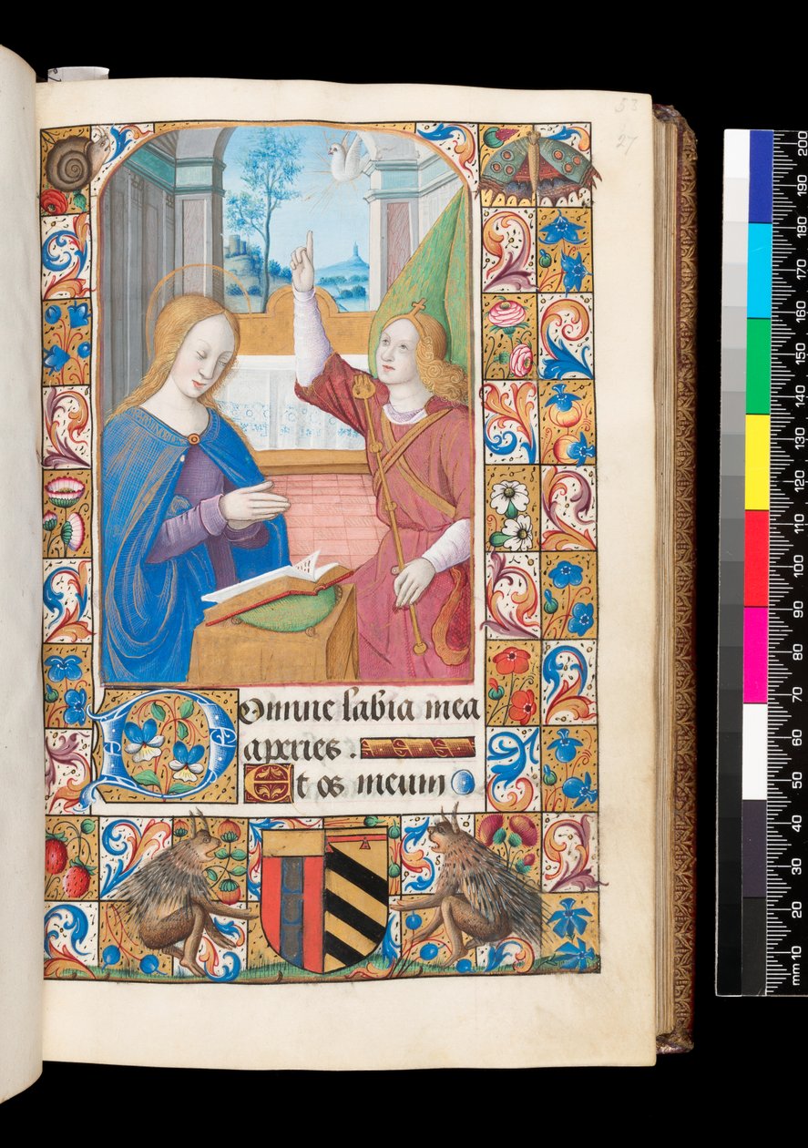 Zwiastowanie z Księgi Godzin, MS 92 f.27r, zachodnia Francja autorstwa French School