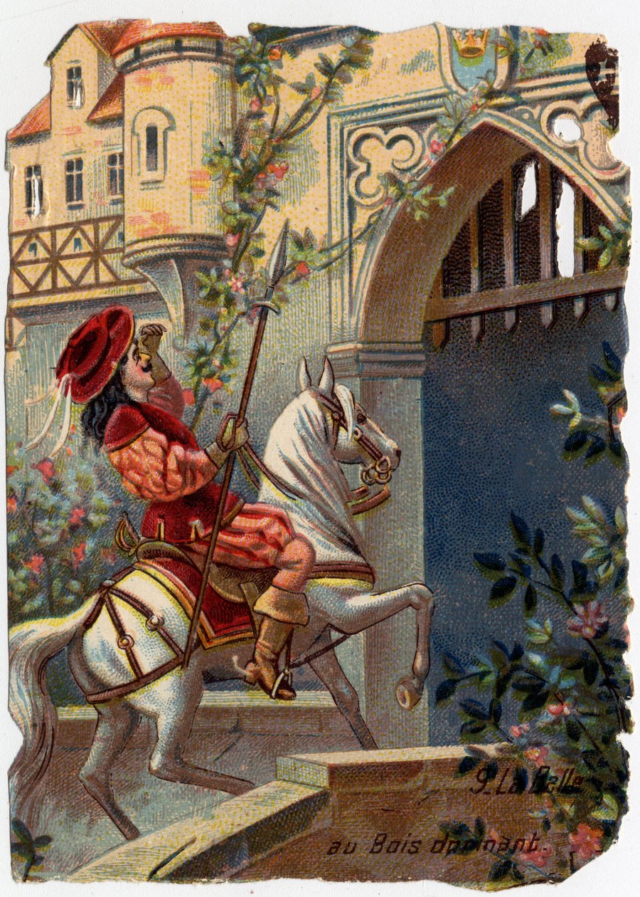 Anonimowa ilustracja do „La belle au bois dormant”, bajki Charlesa Perraulta (1628-1703), francuskiego pisarza: „Po stu latach książę dotarł do bramy zamku…” Chromolitografia. autorstwa French School