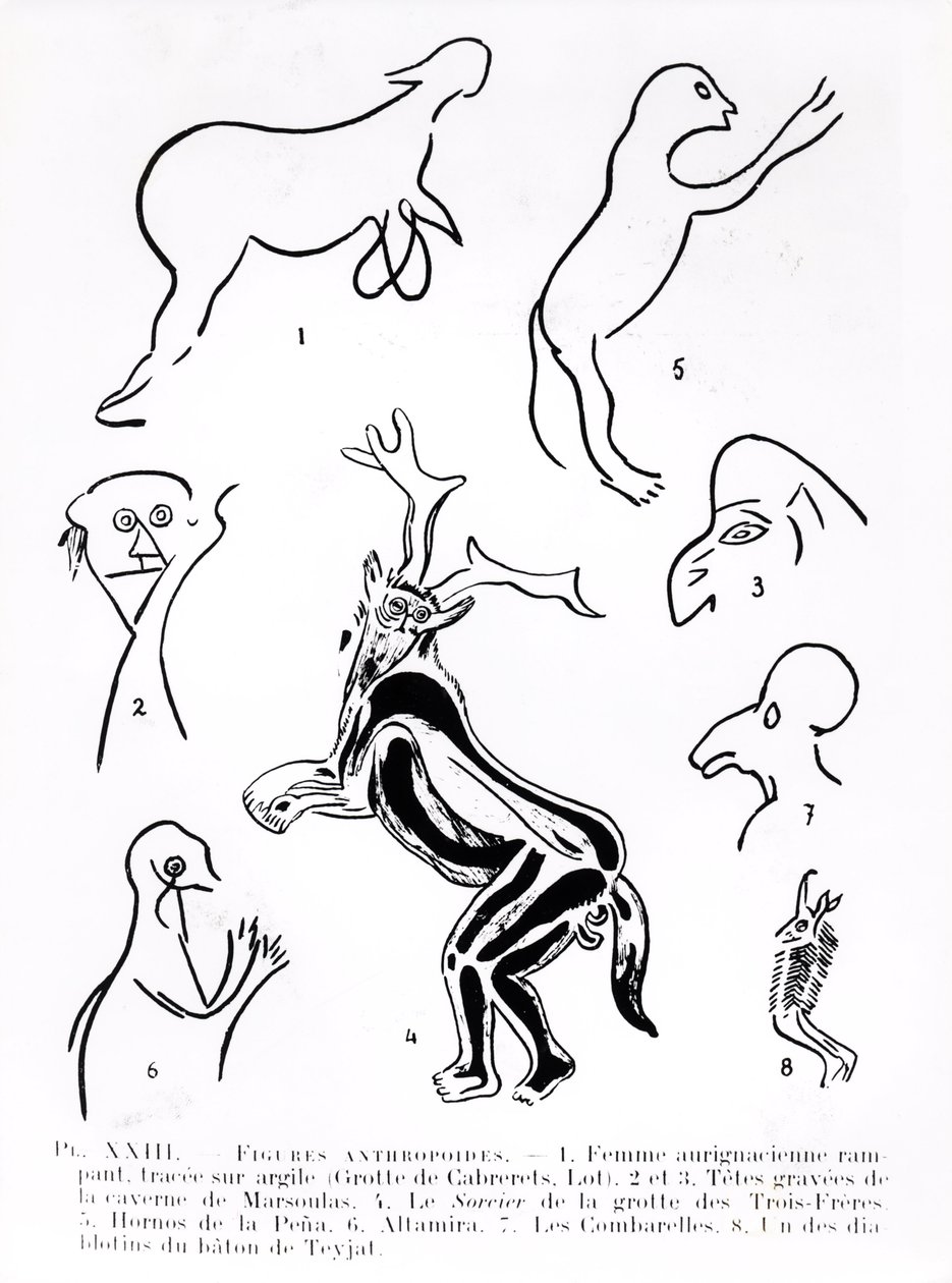 Postacie antropoidalne w prehistorycznych jaskiniach, z Les Artistes Prehistoriques Morin-Jean, 1933 autorstwa French School