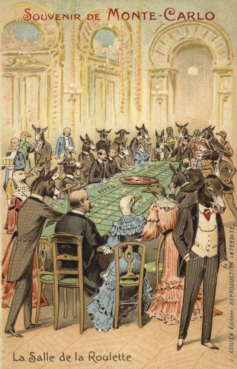 Antropomorficzna ilustracja przedstawiająca szaleństwo kasyna w Monte Carlo (kolorowa litografia) autorstwa French School