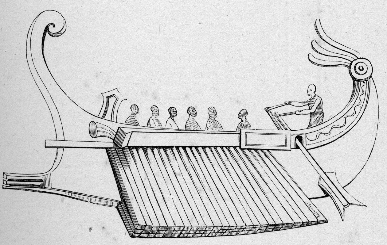 Antique Galere ma trzy rzędy wioseł. Grawerowanie w „La Marine et les colonies: commerce” autorstwa French School