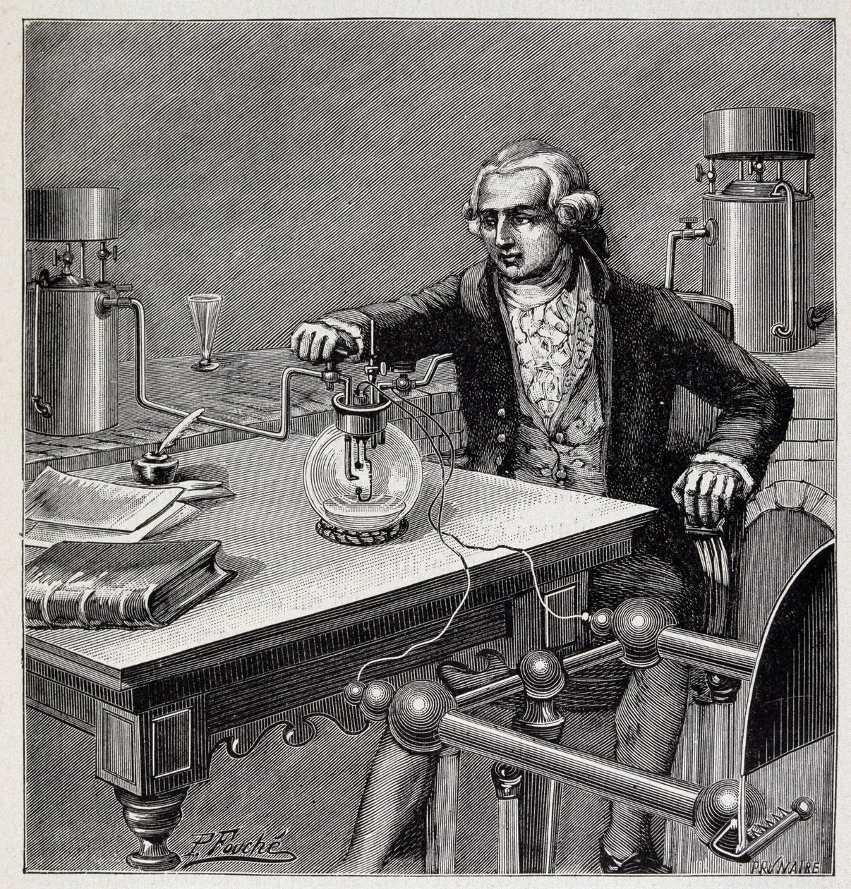 Antoine Laurent de Lavoisier (1743-1794) prowadzący eksperyment - w „Fizyce popularnej” Emile’a Desbeaux autorstwa French School