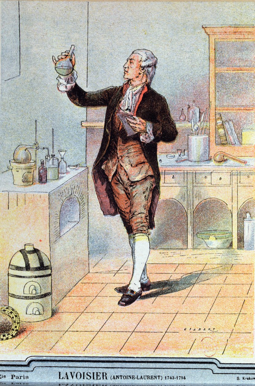Antoine Laurent de Lavoisier (1743-94) ilustracja z podręcznika szkolnego, ok. 1900 autorstwa French School