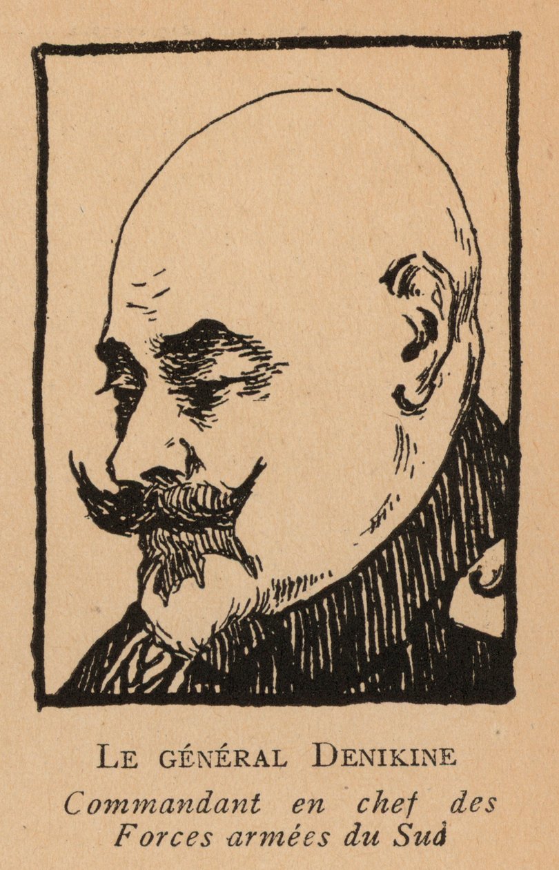 Anton Denikin, rosyjski generał, który dowodził Białą Armią w południowej Rosji podczas wojny domowej (litografia) autorstwa French School
