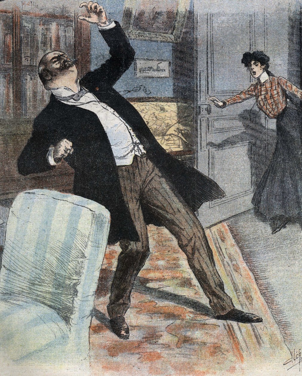 Apopleksja (nagłe ustanie aktywności mózgu z powodu wypadku krążenia krwi w mózgu). Ilustracja końca XIX wieku do powieści „Gogosse” Maxa Villemera. autorstwa French School