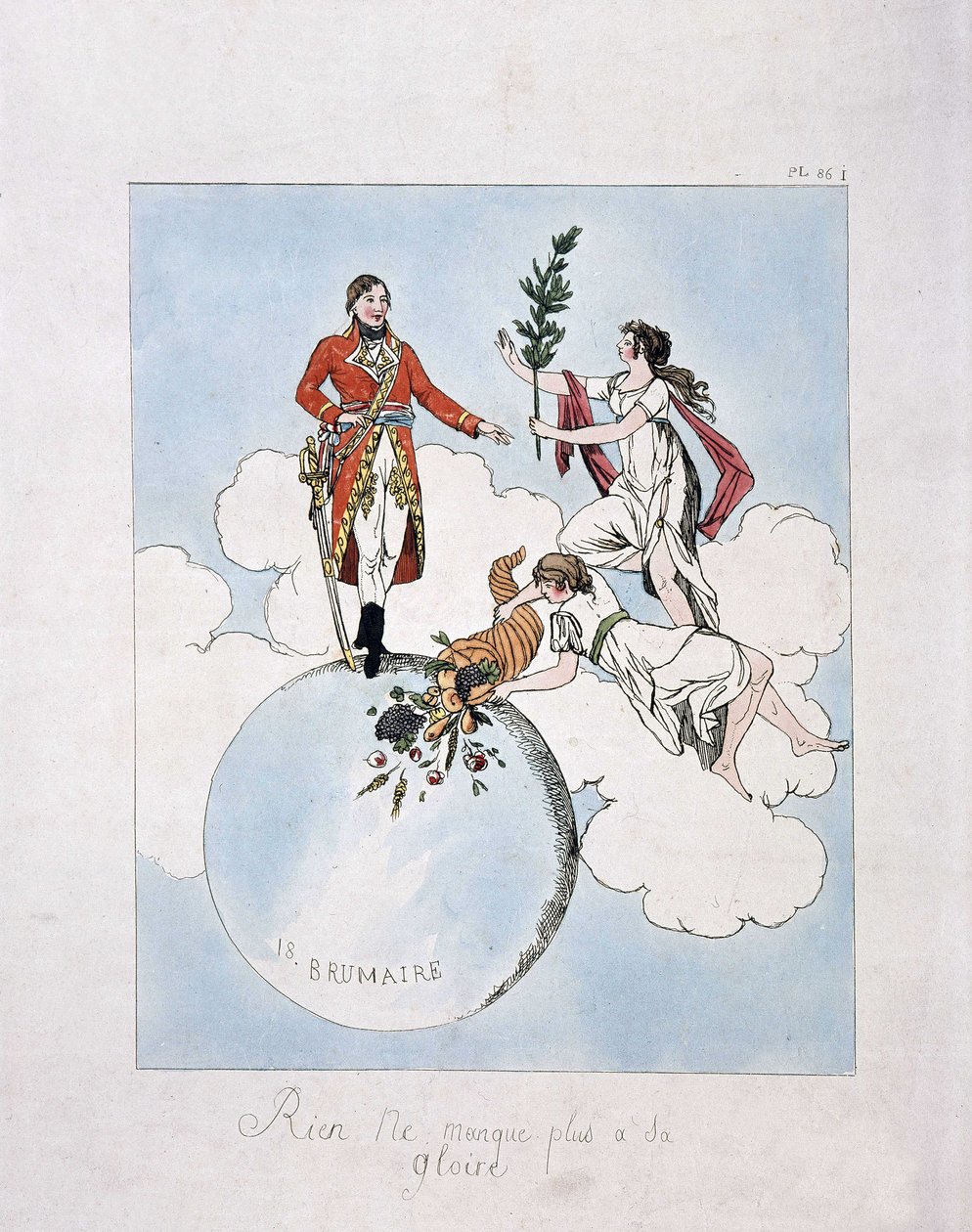 Apoteoza Napoleona-Bonapartego podczas zamachu stanu 18 brumaire roku VIII (9.11.1799). (nimfy prezentują mu laur i róg obfitości) autorstwa French School