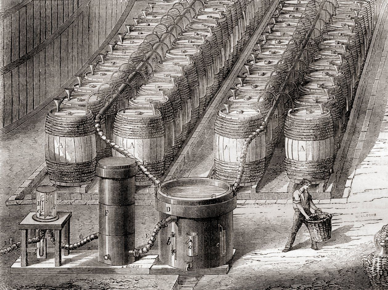 Aparatura używana do wytwarzania gazowego wodoru poprzez działanie kwasu siarkowego na żelazo podczas napełniania balonu, z „Les Merveilles de la Science”, opublikowanej ok. 1870 r. (lito) autorstwa French School