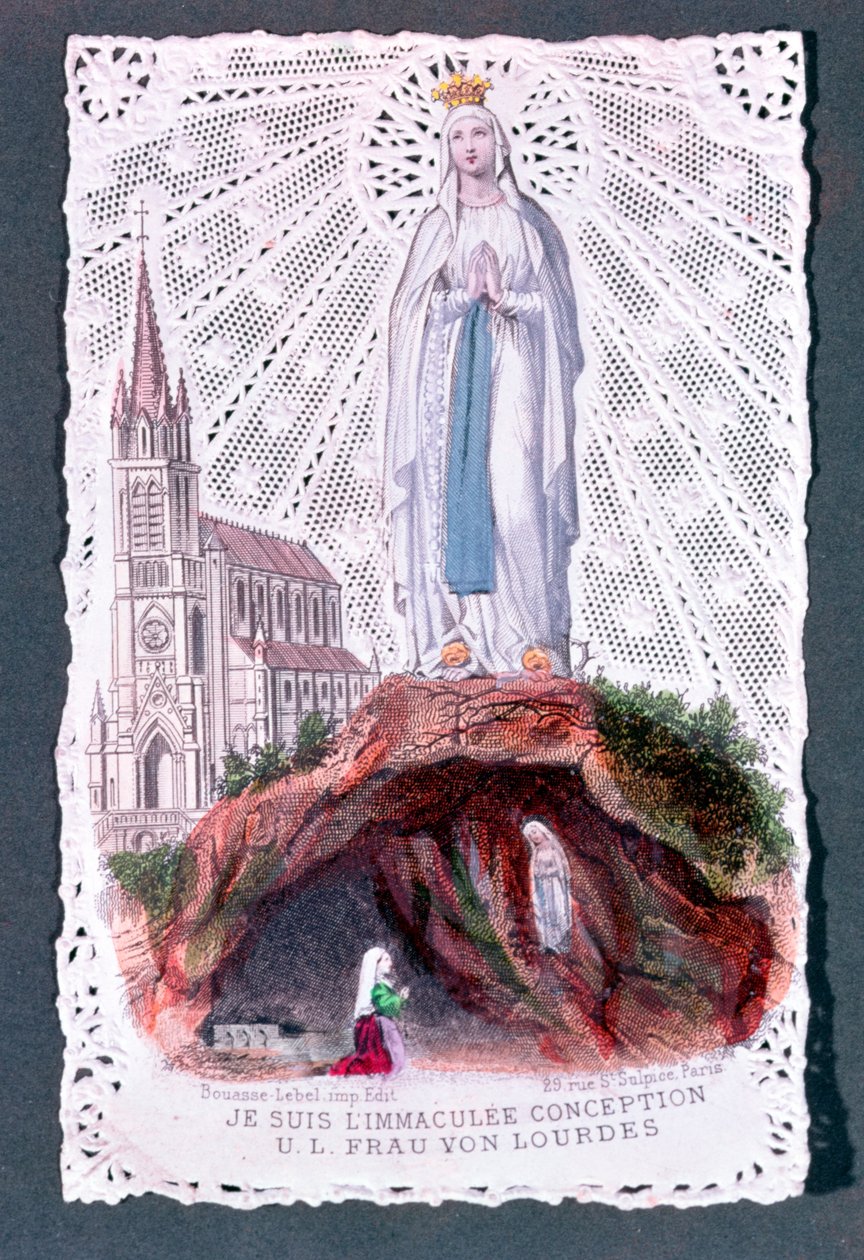 Objawienie Matki Bożej z Lourdes rytowane przez Bouasse-Lebel, ok. 1867 (kolorowy grawer na papierze koronkowym) autorstwa French School