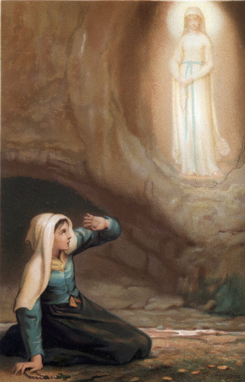 Ukazanie się Matki Boskiej Bernadetcie Soubirous (1844-1879) w jaskini Lourdes, Hautes Pyrenees (65) autorstwa French School