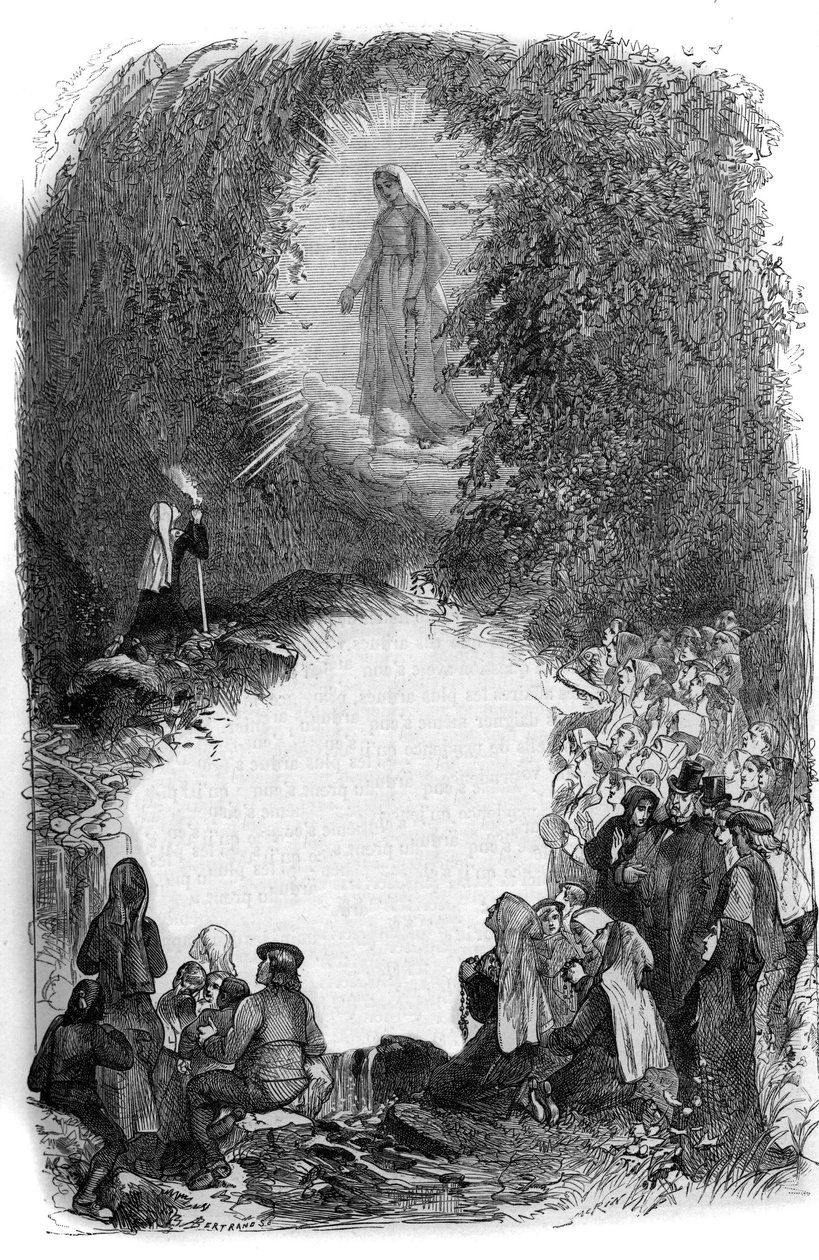 Ukazanie się Matki Boskiej Bernadetcie Soubirous (1844-1879) w jaskini Lourdes, Hautes Pyrenees (65) autorstwa French School