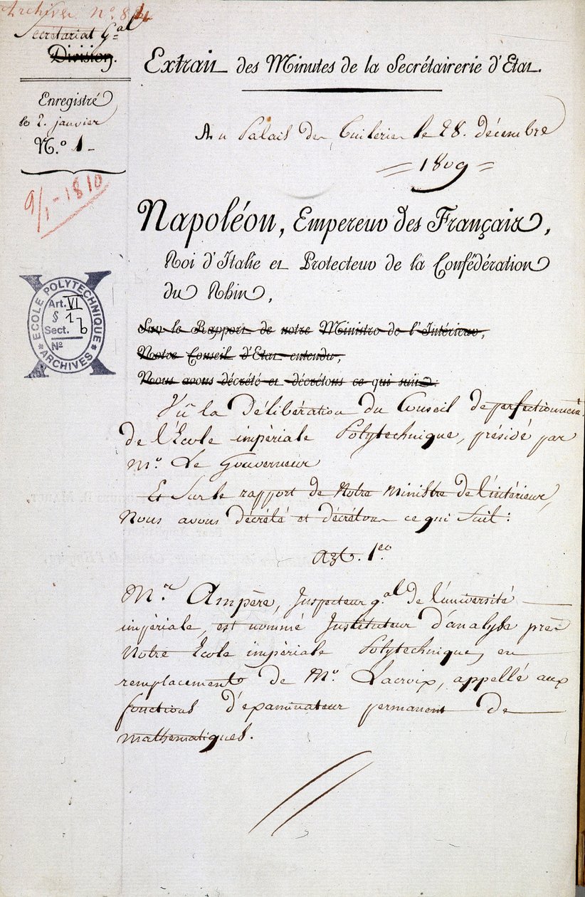 Mianowanie przez Napoleona André Marie Ampère na inspektora Politechniki - Wyróżnienie obowiązkowe: Archiwum Biblii. z Politechniki Ecole autorstwa French School